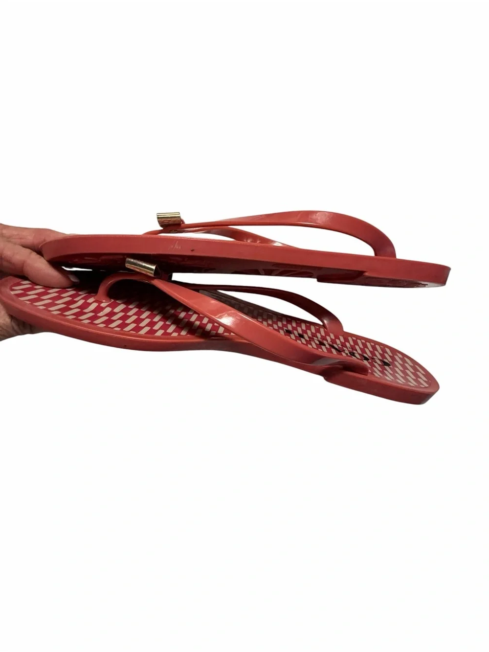 COACH Landon Jelly Flip Flops Coral with Gold Color Accent Bow Sz 8.5